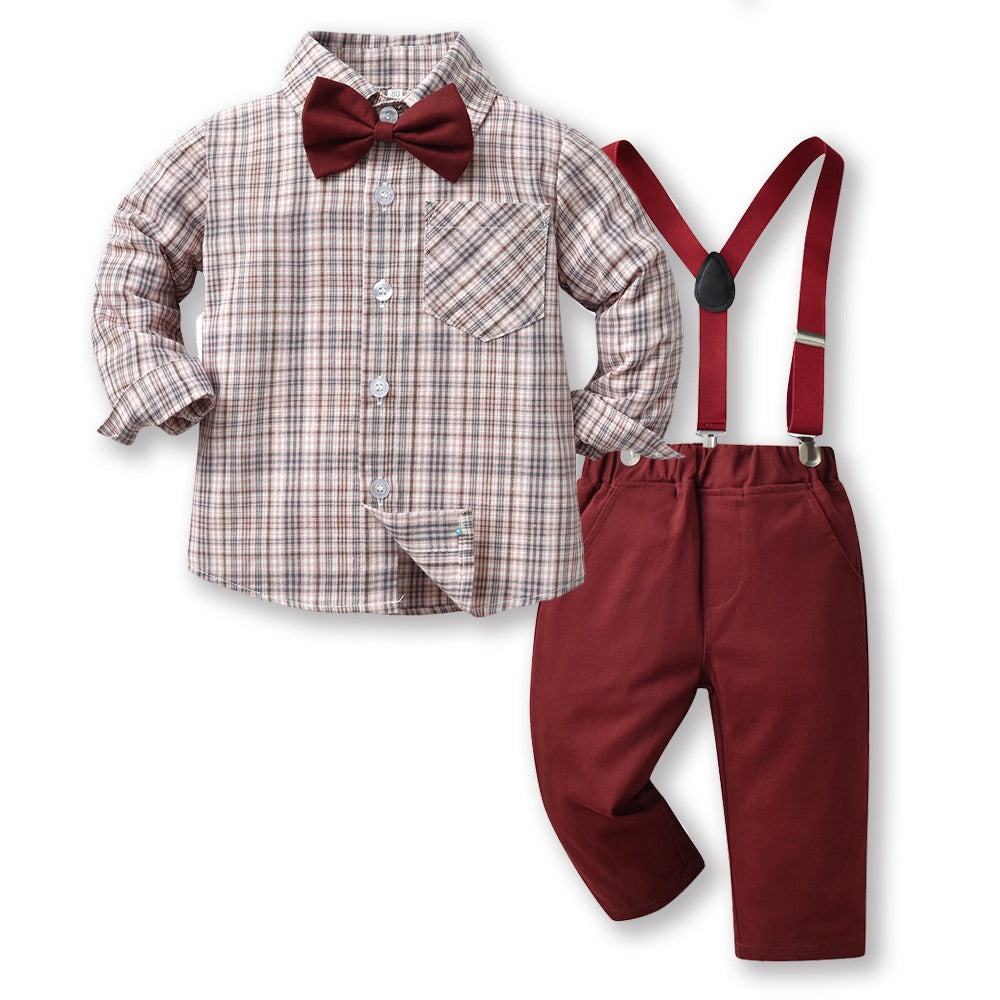 Boys Autumn Plaid Shirt Suspenders Suit Korean Style Cotton Outfit