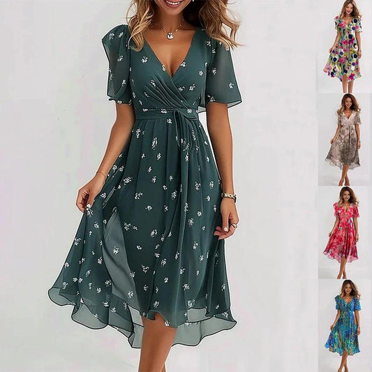 Chiffon Printed V-Neck Short Sleeve Summer Dress