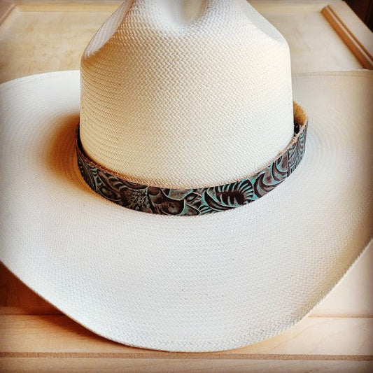 Brown Turquoise Floral Embossed Cowboy Leather Hat Band