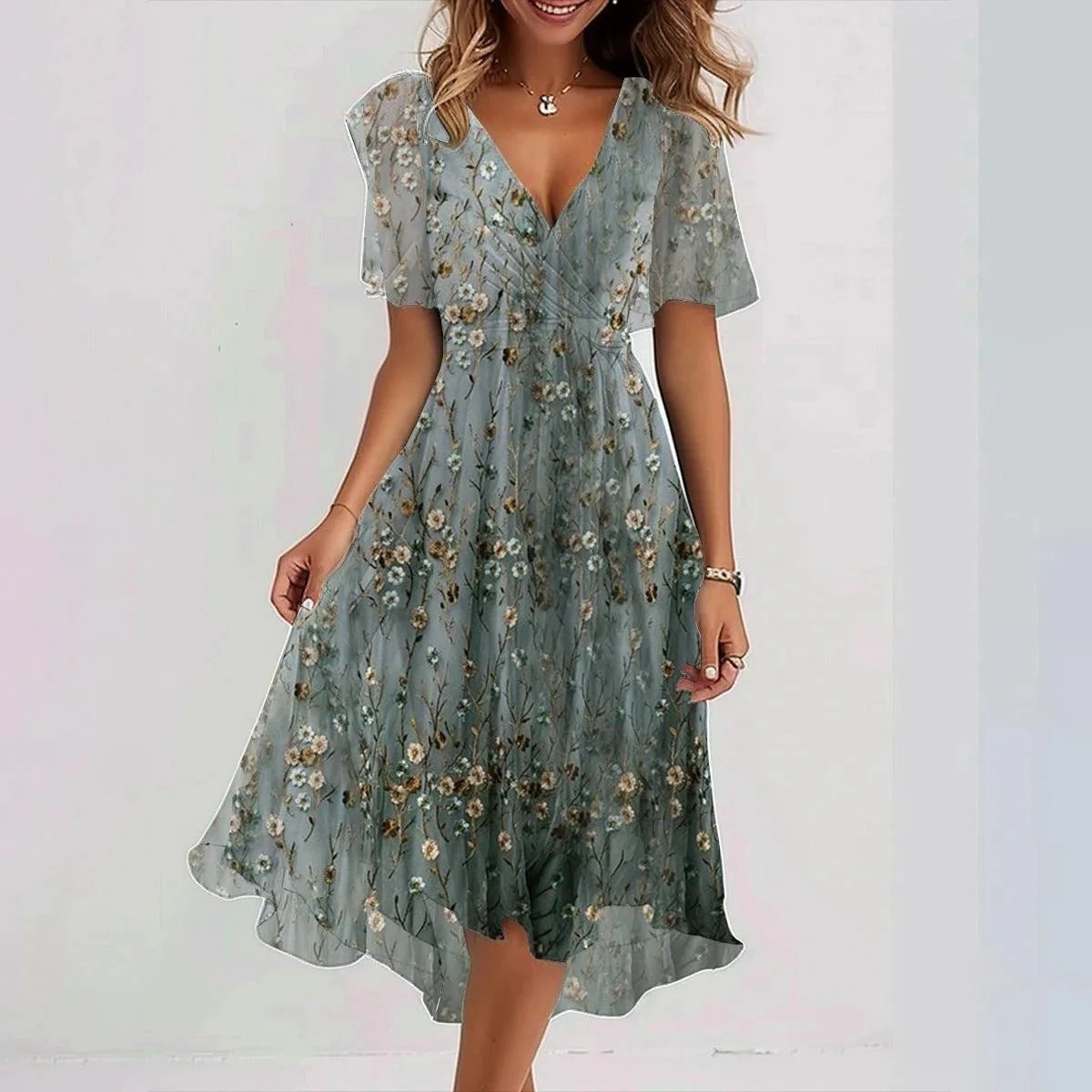 Chiffon Printed V-Neck Short Sleeve Summer Dress