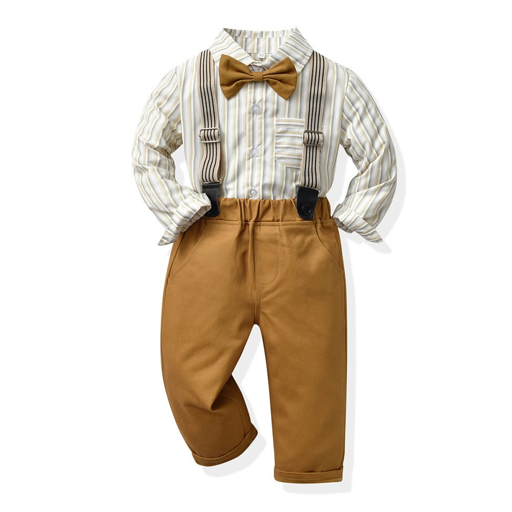 Boys Autumn Plaid Shirt Suspenders Suit Korean Style Cotton Outfit