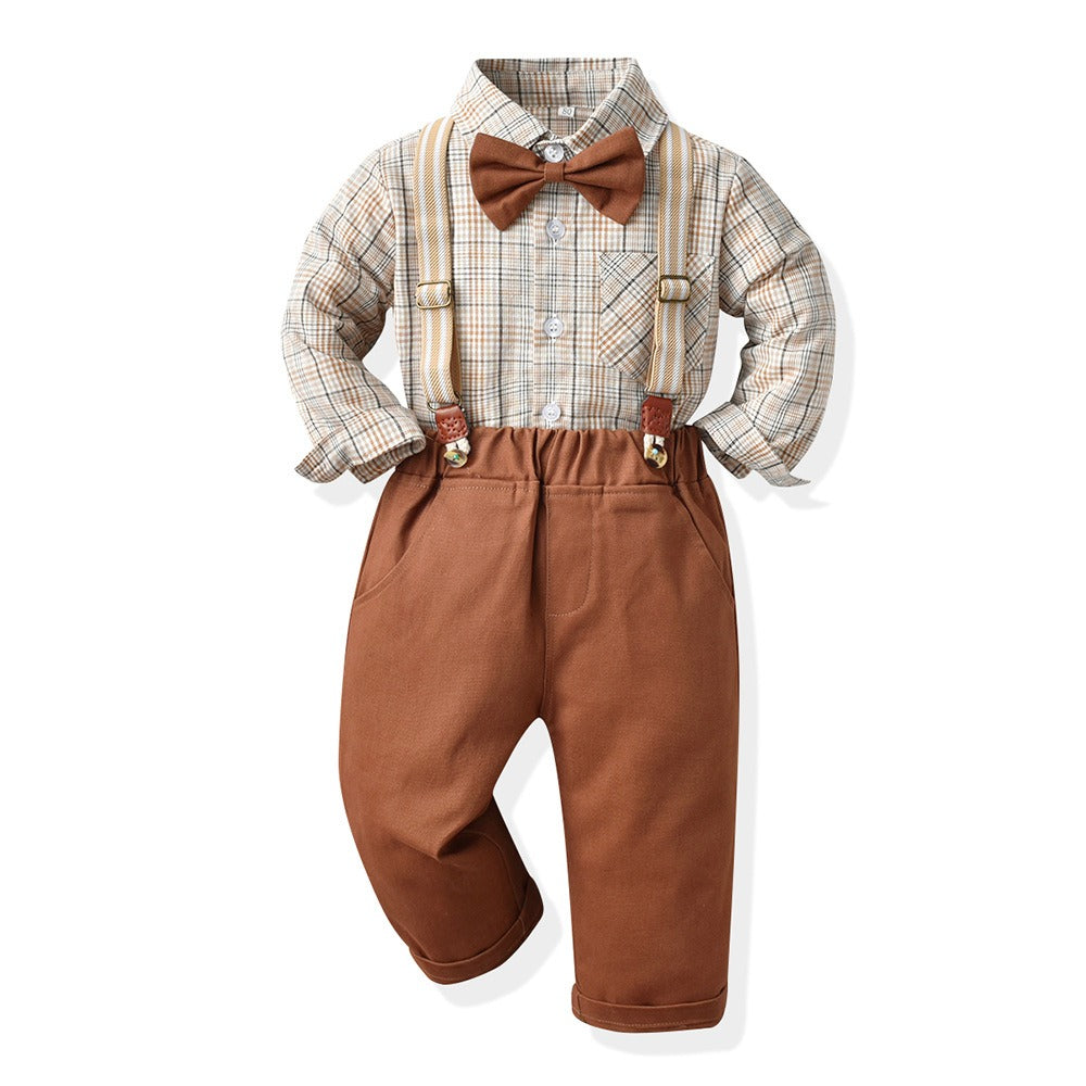 Boys Autumn Plaid Shirt Suspenders Suit Korean Style Cotton Outfit