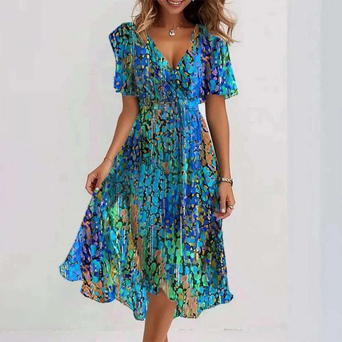 Chiffon Printed V-Neck Short Sleeve Summer Dress