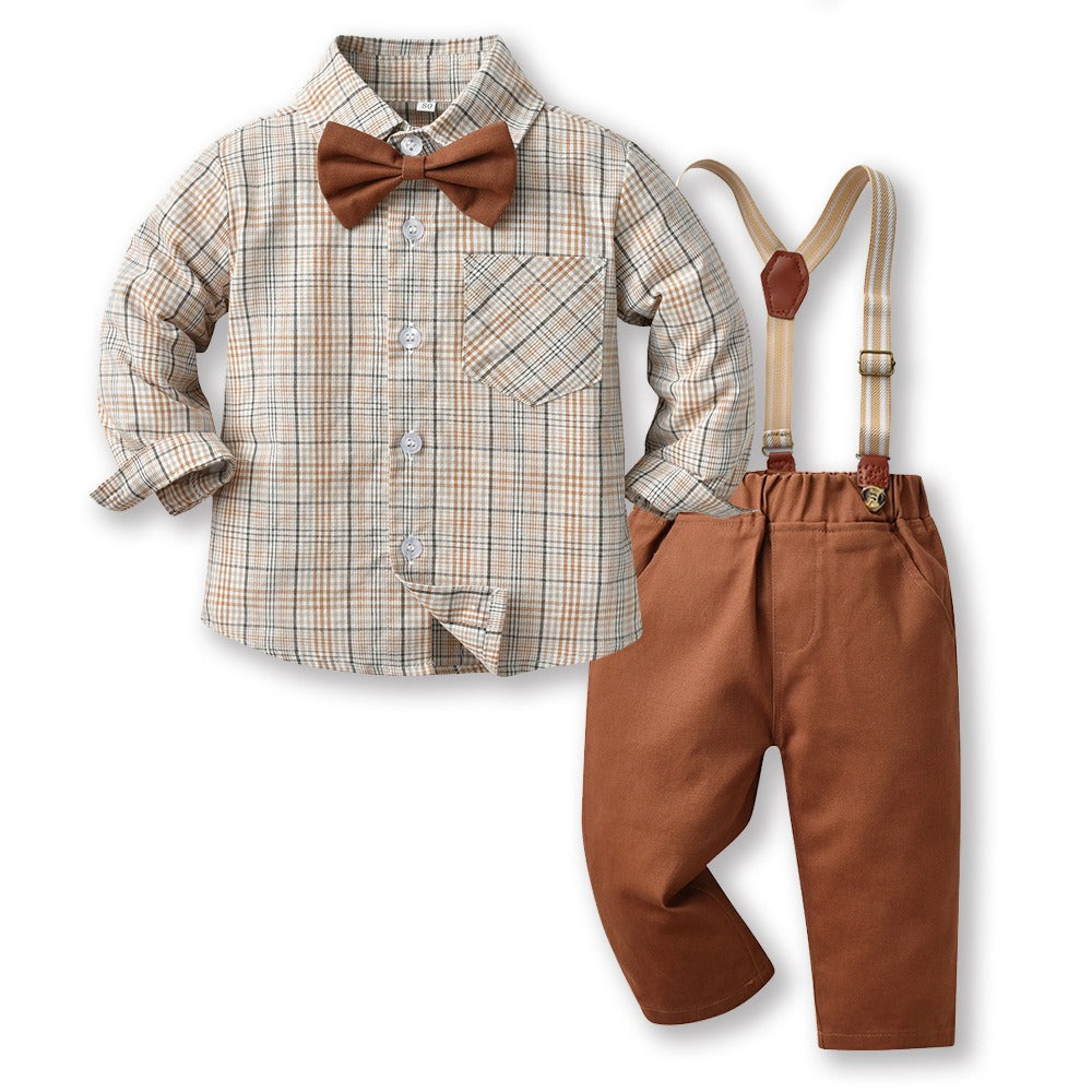 Boys Autumn Plaid Shirt Suspenders Suit Korean Style Cotton Outfit