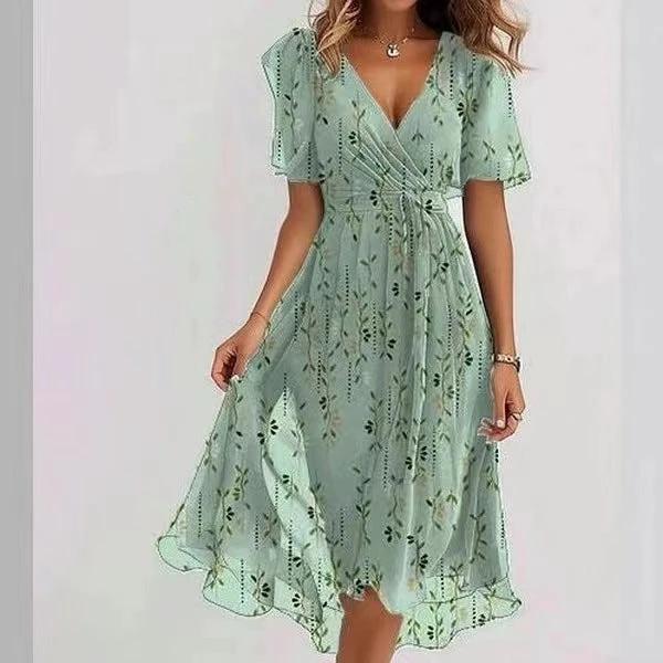 Chiffon Printed V-Neck Short Sleeve Summer Dress