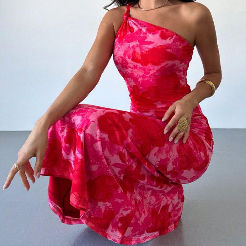 European & American Style Irregular Print Sling Dress