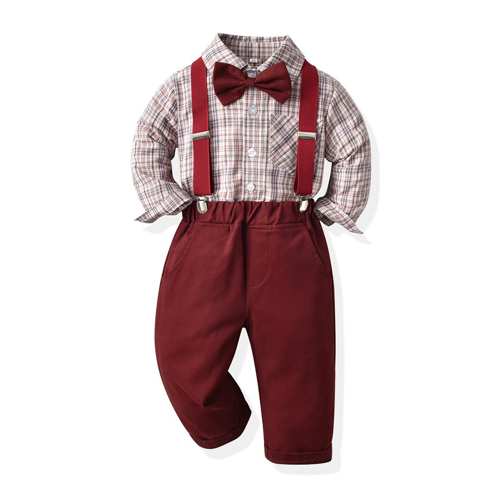 Boys Autumn Plaid Shirt Suspenders Suit Korean Style Cotton Outfit