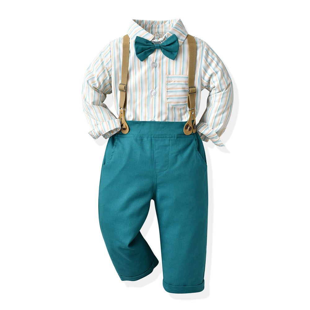 Boys Autumn Plaid Shirt Suspenders Suit Korean Style Cotton Outfit