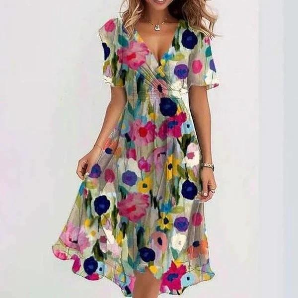Chiffon Printed V-Neck Short Sleeve Summer Dress