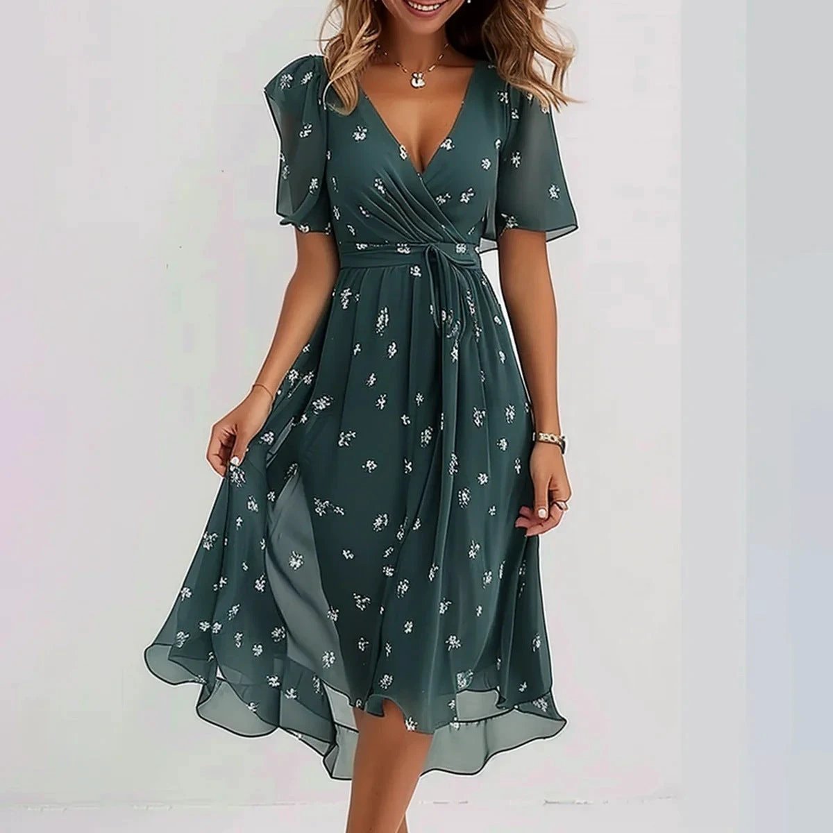 Chiffon Printed V-Neck Short Sleeve Summer Dress