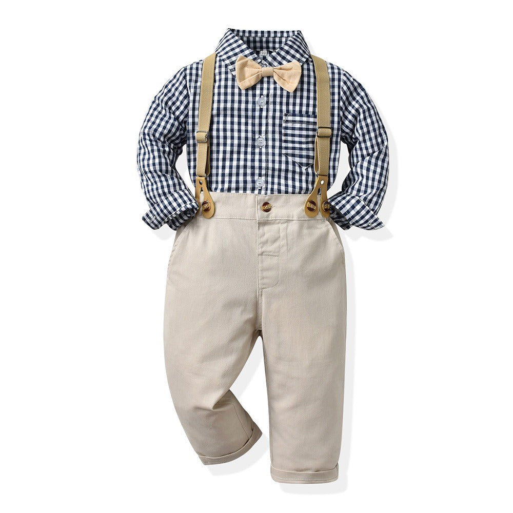 Boys Autumn Plaid Shirt Suspenders Suit Korean Style Cotton Outfit