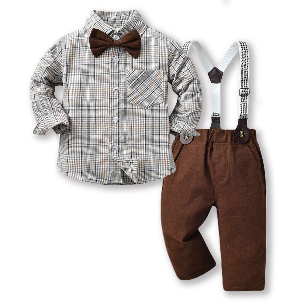 Boys Autumn Plaid Shirt Suspenders Suit Korean Style Cotton Outfit