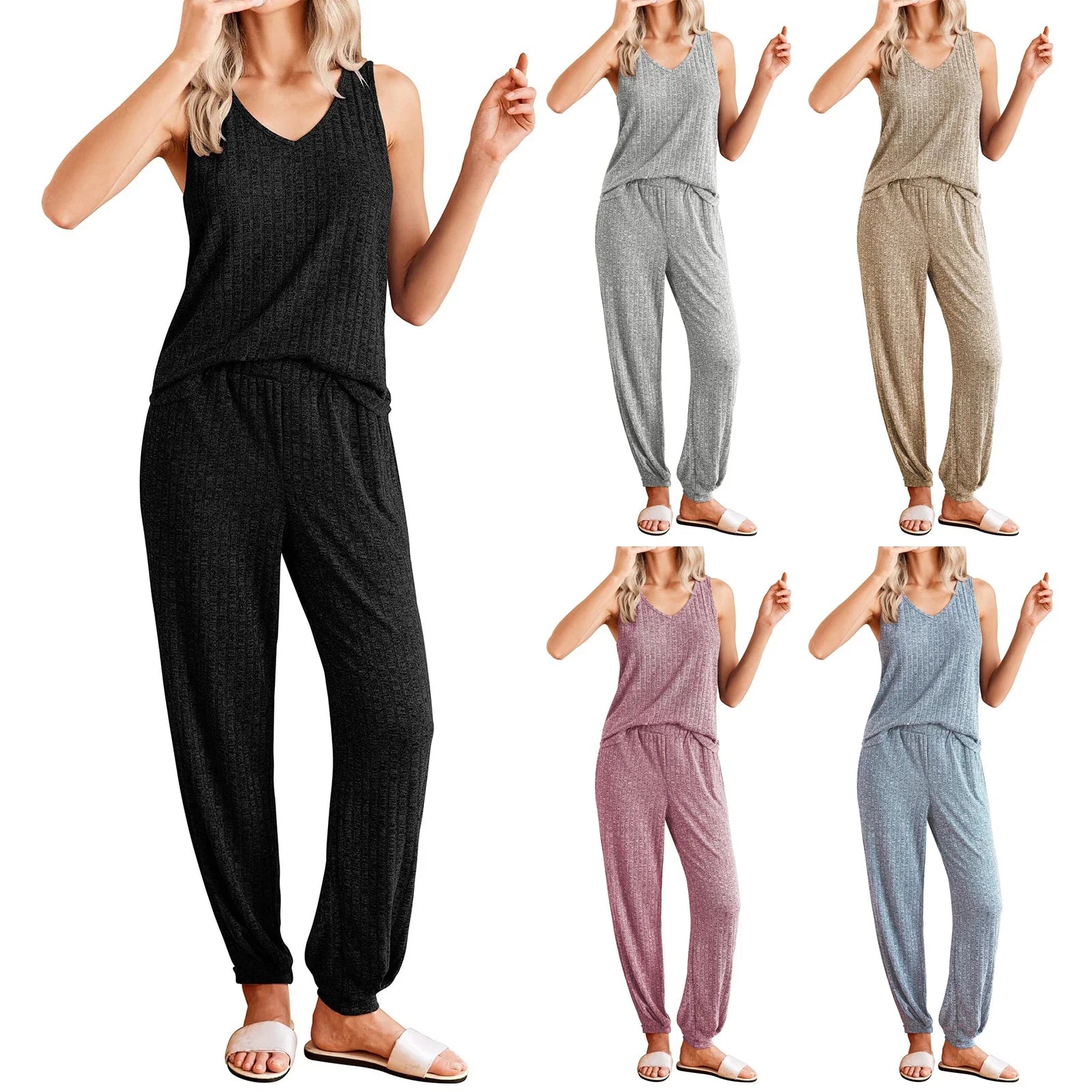 Women’s Autumn Winter Ribbed Pajamas Set