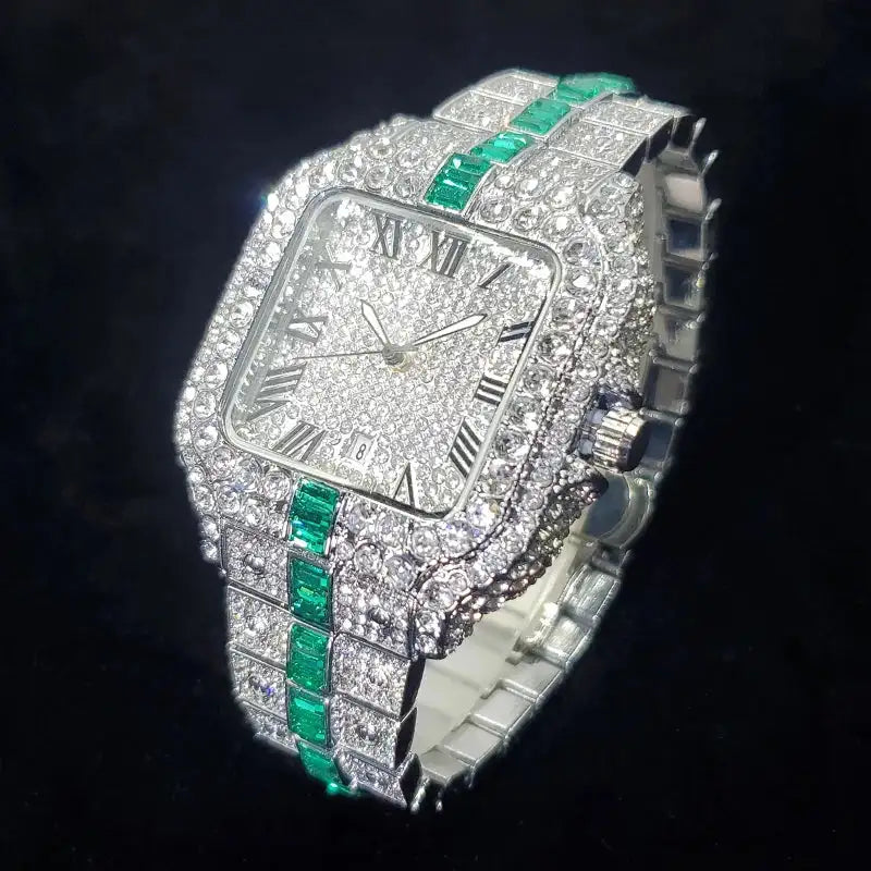 Luxury Green Iced Out Diamond Men’s Watch – Hip Hop Style