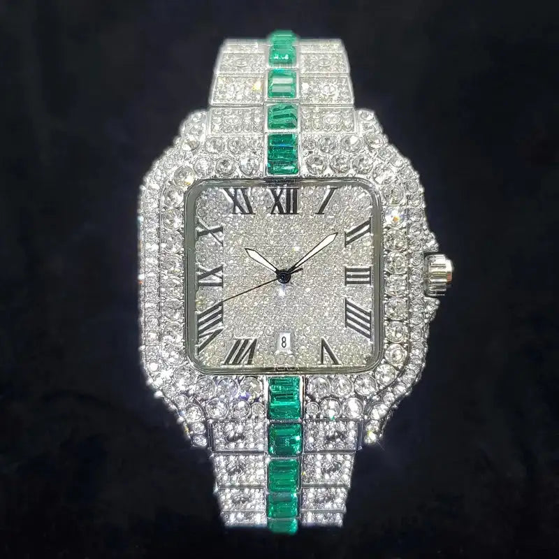 Luxury Green Iced Out Diamond Men’s Watch – Hip Hop Style