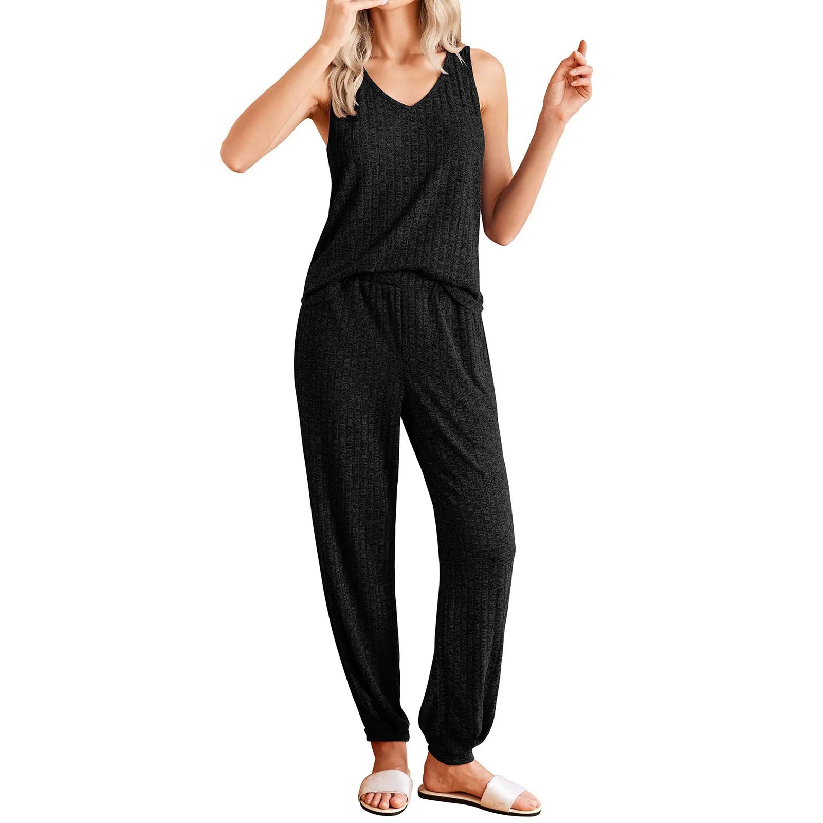 Women’s Autumn Winter Ribbed Pajamas Set