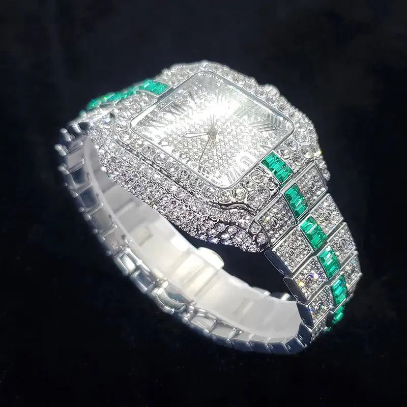 Luxury Green Iced Out Diamond Men’s Watch – Hip Hop Style