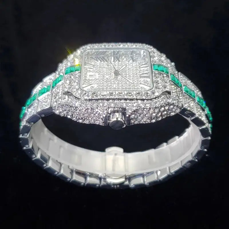 Luxury Green Iced Out Diamond Men’s Watch – Hip Hop Style