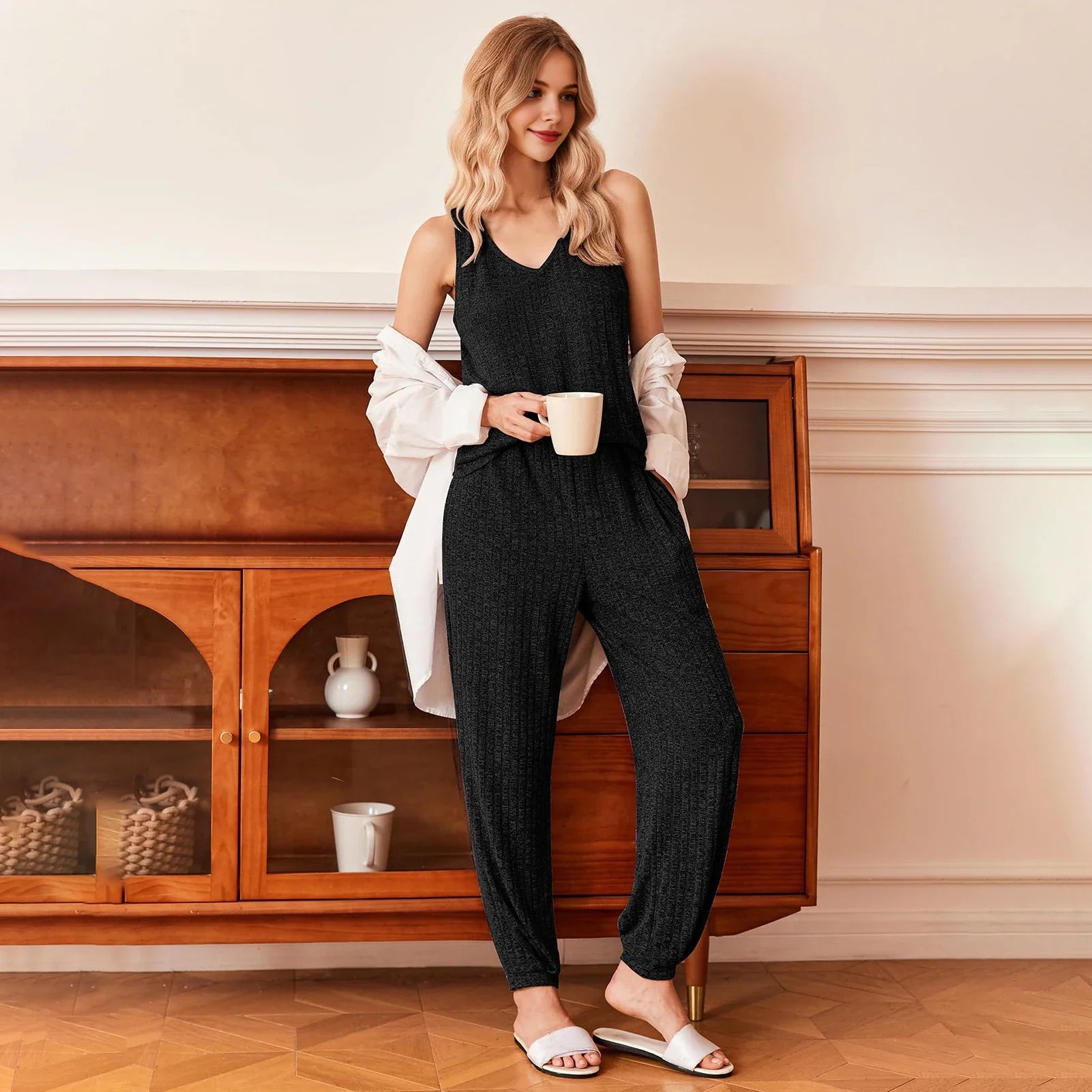 Women’s Autumn Winter Ribbed Pajamas Set