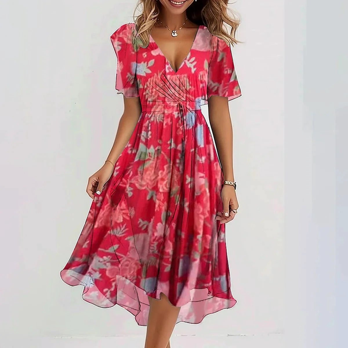 Chiffon Printed V-Neck Short Sleeve Summer Dress