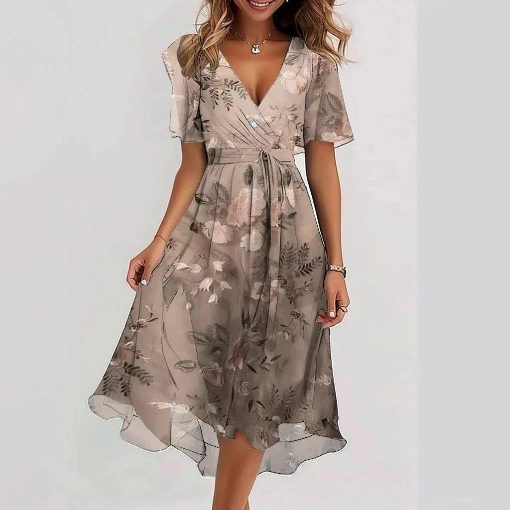 Chiffon Printed V-Neck Short Sleeve Summer Dress
