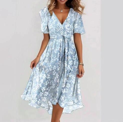 Chiffon Printed V-Neck Short Sleeve Summer Dress