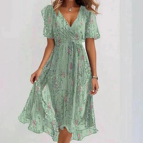 Chiffon Printed V-Neck Short Sleeve Summer Dress