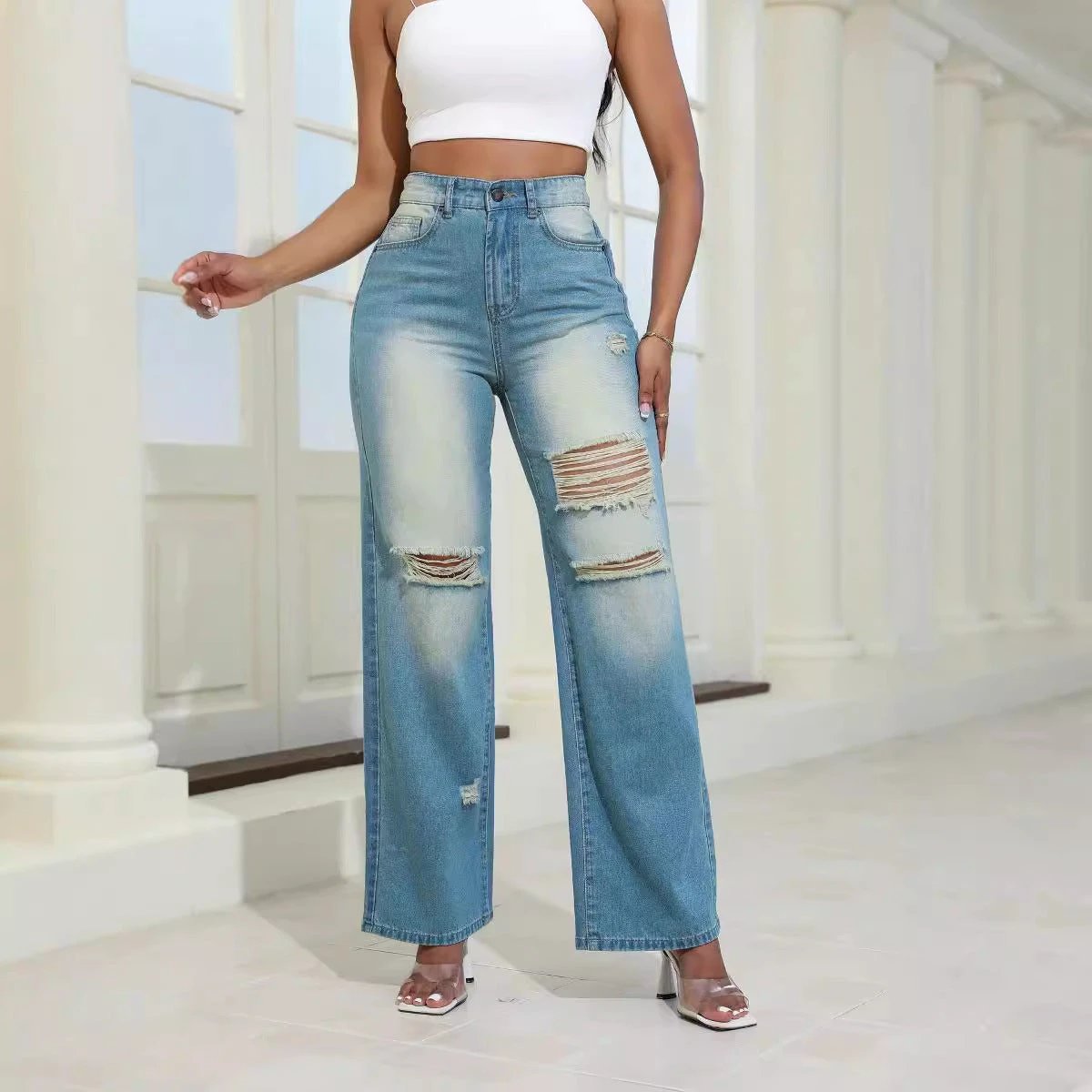 High Waist Ripped Wide Leg Jeans