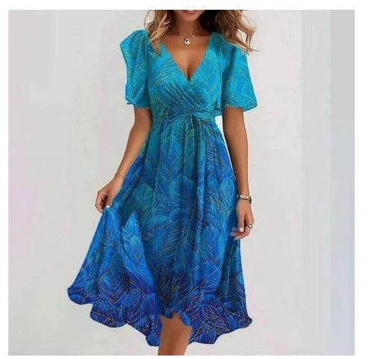 Chiffon Printed V-Neck Short Sleeve Summer Dress