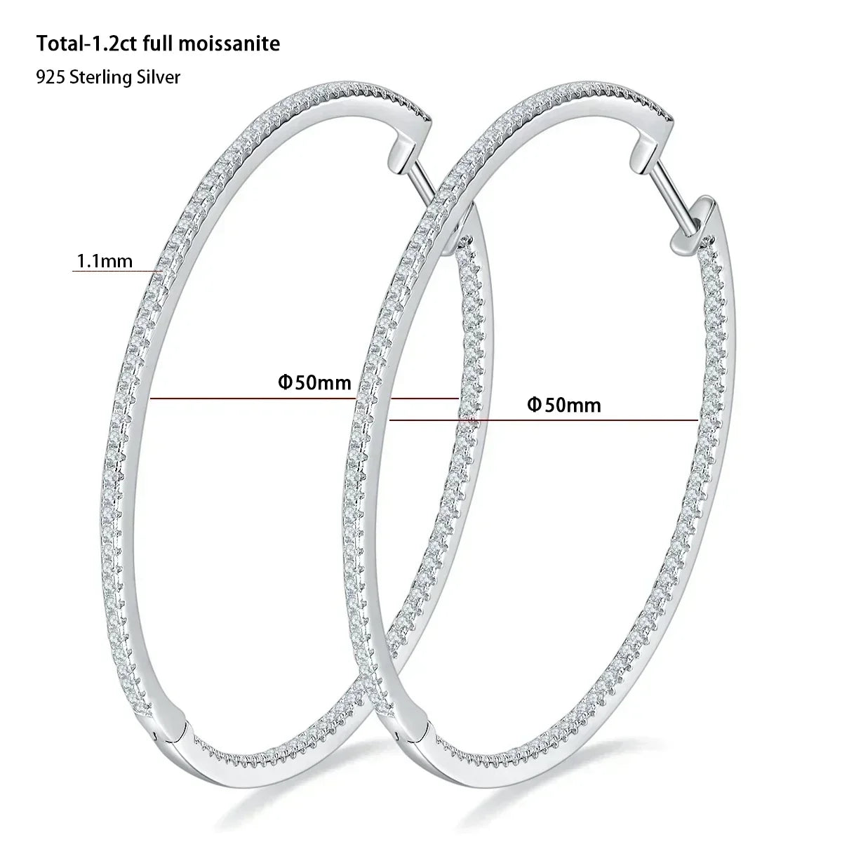 Moissanite Hoop Earrings 30/50mm – 925 Sterling Silver Bridal